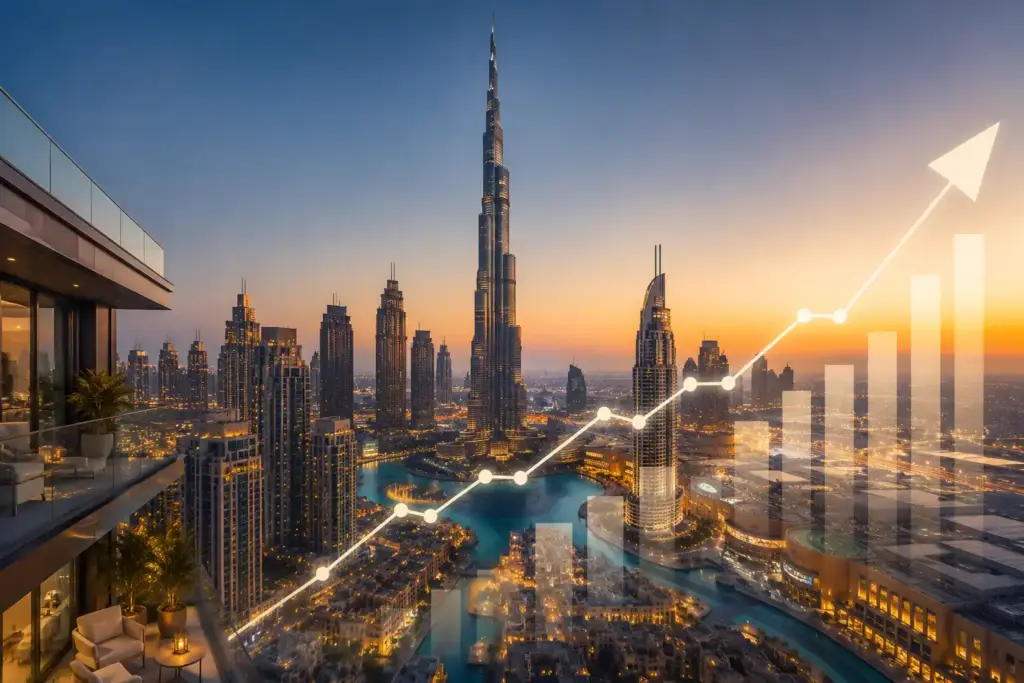 Downtown Dubai skyline with Burj Khalifa and luxury apartments showing real estate market growth trends in 2026